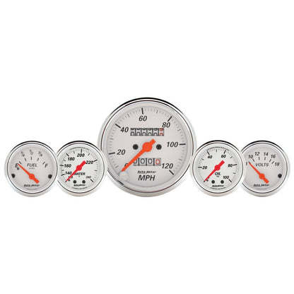 AutoMeter Gauge Kit 5 Pc. 3-1/8in. & 2-1/16in. Mech. Speedo. Wtmp & Oilp Arctic Wht AutoMeter Gauges