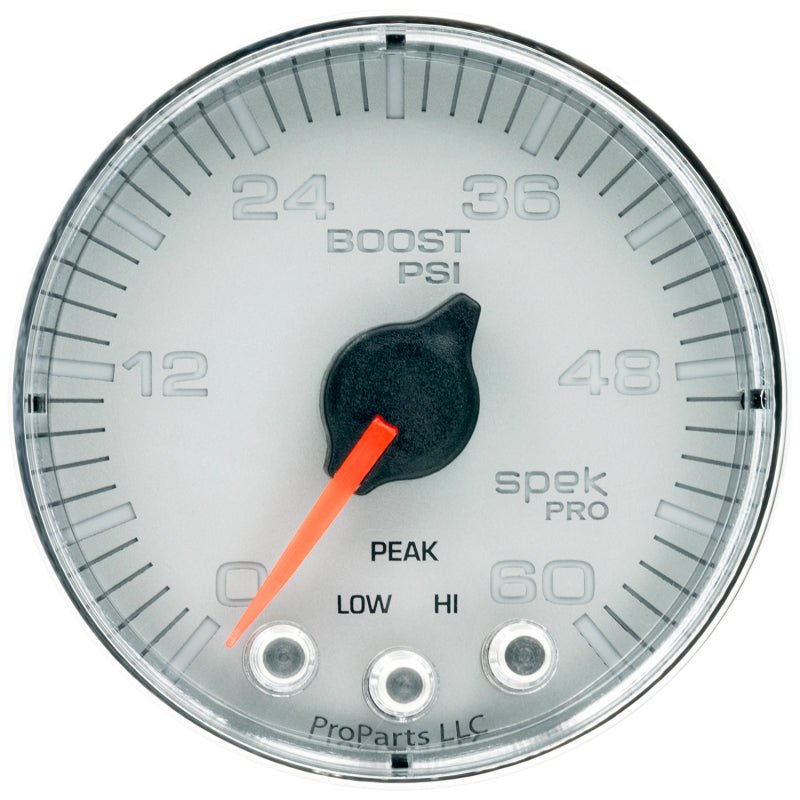 Autometer Spek-Pro Gauge Boost 2 1/16in 60psi Stepper Motor W/Peak & Warn Slvr/Chrm AutoMeter Gauges