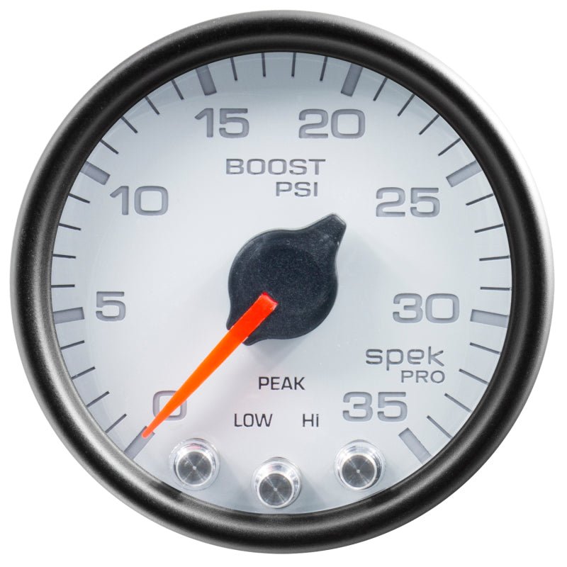 Autometer Spek-Pro Gauge Boost 2 1/16in 35psi Stepper Motor W/Peak & Warn White/Black AutoMeter Gauges