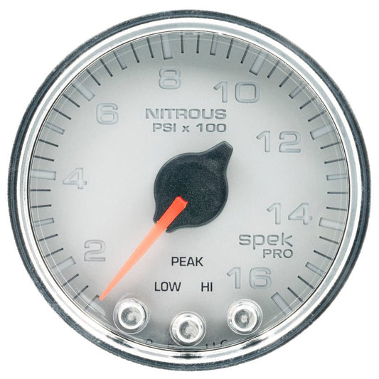 Autometer Spek-Pro Gauge Nitrous Press 2 1/16in 1600psi Stepper Motor W/Peak & Warn Slvr/Chrm AutoMeter Gauges