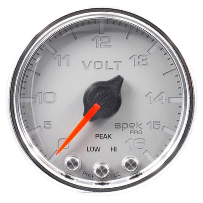 Autometer Spek-Pro Gauge Voltmeter 2 1/16in 16V Stepper Motor W/Peak & Warn Slvr/Chrm AutoMeter Gauges