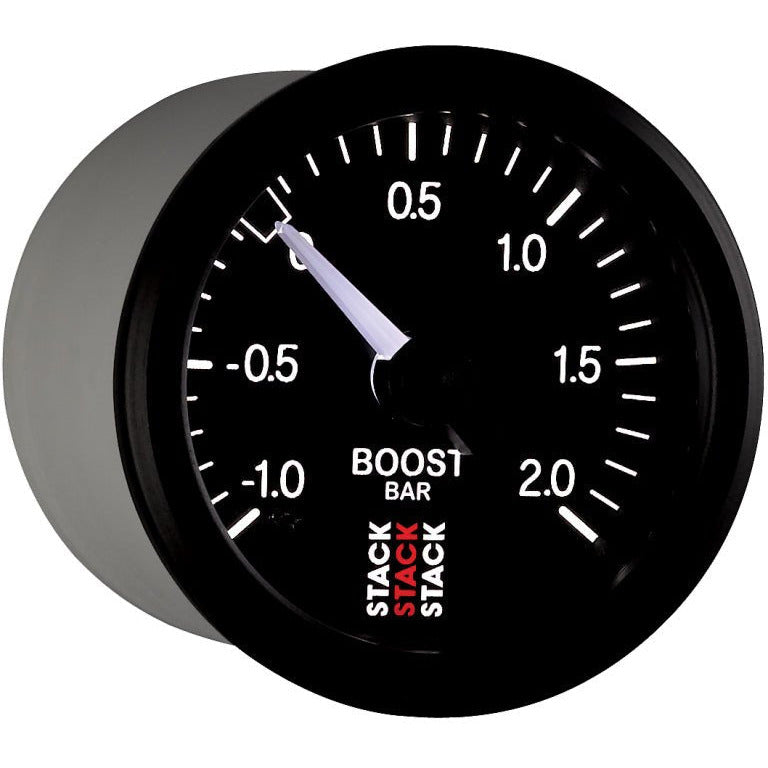 Autometer Stack 52mm -1 to +2 Bar T-Fitting 0.187in Barb (M) Mechanical Boost Pressure Gauge - Black AutoMeter Gauges