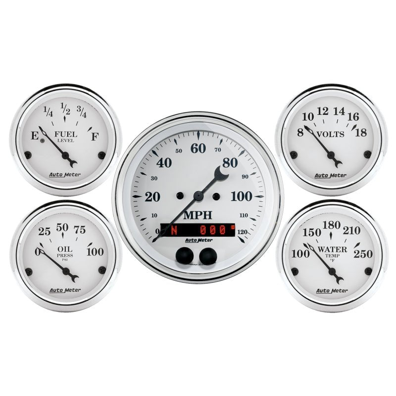 Auto Meter Speedometer 3-3/8in and 2-1/16in 5 Piece Old Tyme White Gauge Kit AutoMeter Gauges