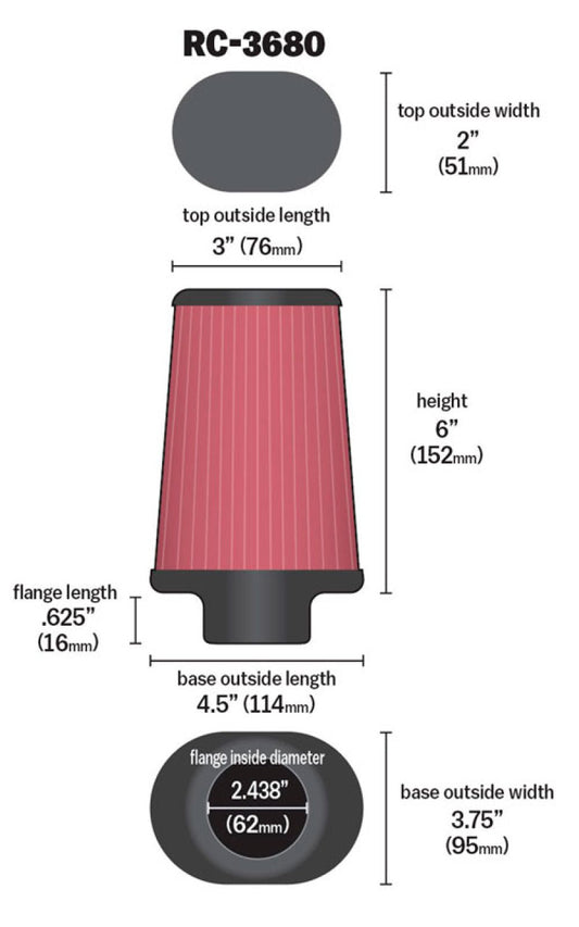 K&N Universal Clamp-On Air Filter 2-7/16in Flange 4-1/2x3-3/4in Base 3x2in Top 6in Height