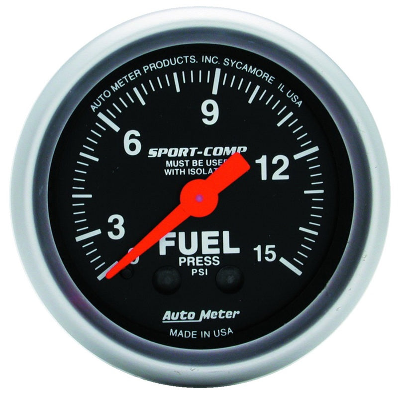 AutoMeter Gauge Fuel Pressure 2-1/16in. 15PSI Mechanical W/Isolator Sport-Comp AutoMeter Gauges