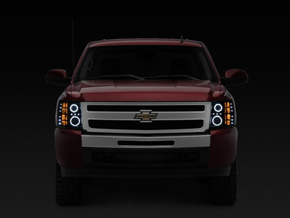 Raxiom 07-13 Silverado 1500 Super White LED Halo Projector Headlights- Black Housing (Clear Lens)