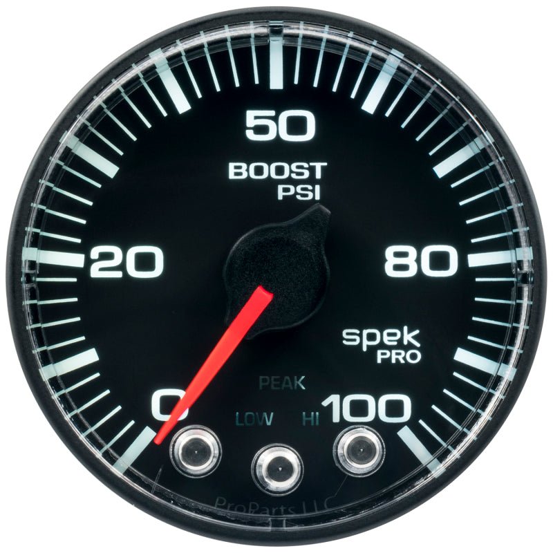 Autometer Spek-Pro Gauge Boost 2 1/16in 100psi Stepper Motor W/Peak & Warn Blk/Blk AutoMeter Gauges