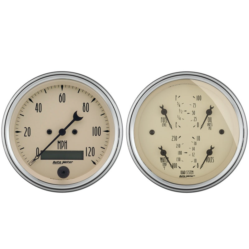 AutoMeter Gauge Kit 2 Pc. Quad & Speedometer 3-3/8in. Antique Beige AutoMeter Gauges