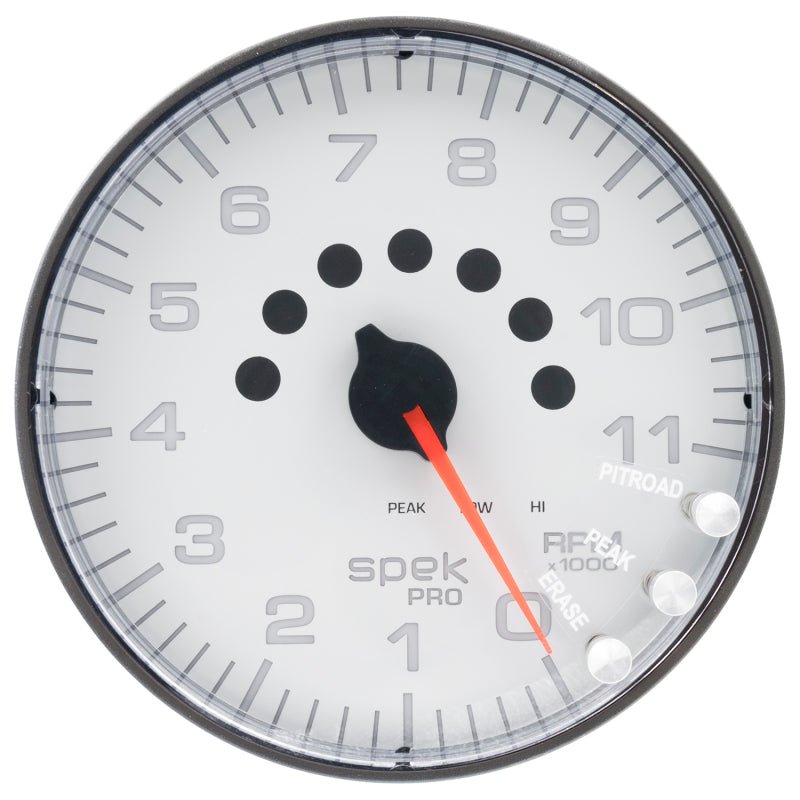 Autometer Spek-Pro Gauge Tachometer 5in 11K Rpm W/Shift Light & Peak Mem White/Black AutoMeter Gauges