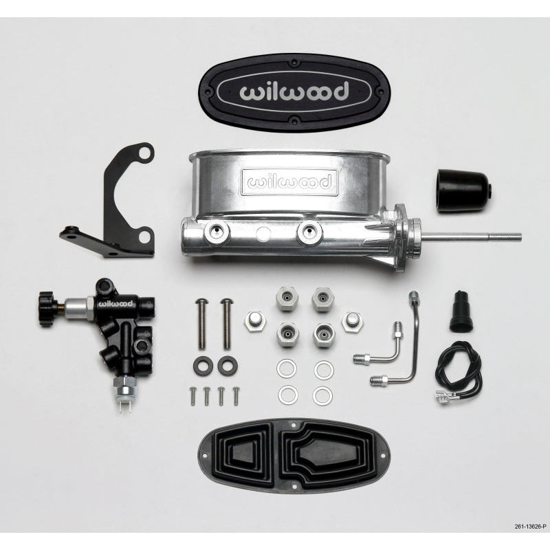 Wilwood HV Tandem M/C Kit w L/H Bracket & Prop Valve - 15/16in Bore Ball Burnished-W/Pushrod Wilwood Brake Master Cylinder