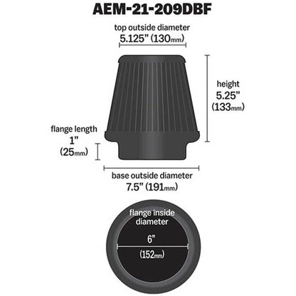 AEM DryFlow Air Filter 7.5in Base OD / 5.125in Top OD / 6in Flange ID / 6.125in Height AEM Induction Air Filters - Universal Fit