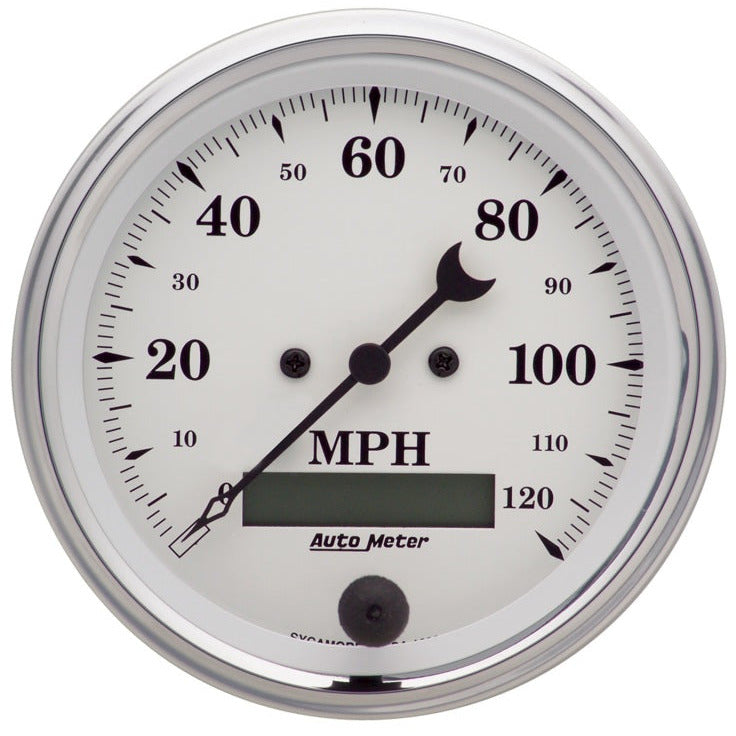 AutoMeter Gauge Speedo. 3-3/8in. 120MPH Elec. Prog. W/ Lcd Odo Old Tyme White AutoMeter Gauges