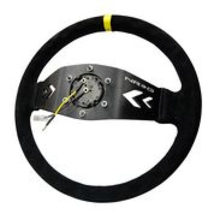 NRG Reinforced Steering Wheel (350mm / 3in. Deep) Blk Suede w/NRG Arrow Cut 2-Spoke & Yellow Mark