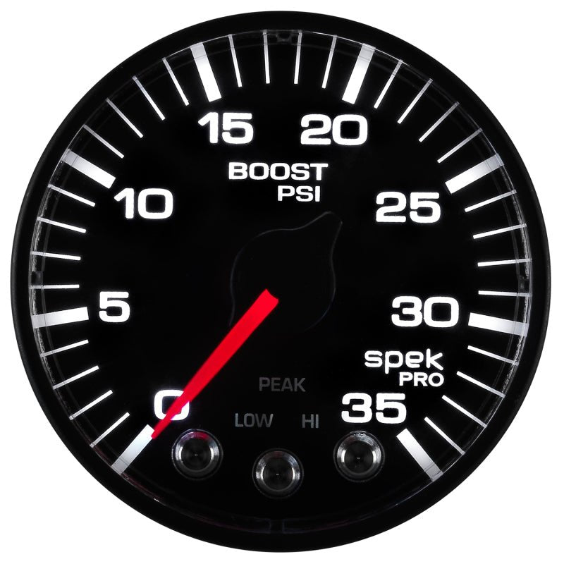 Autometer Spek-Pro Gauge Boost 2 1/16in 35psi Stepper Motor W/Peak & Warn Black/Black AutoMeter Gauges