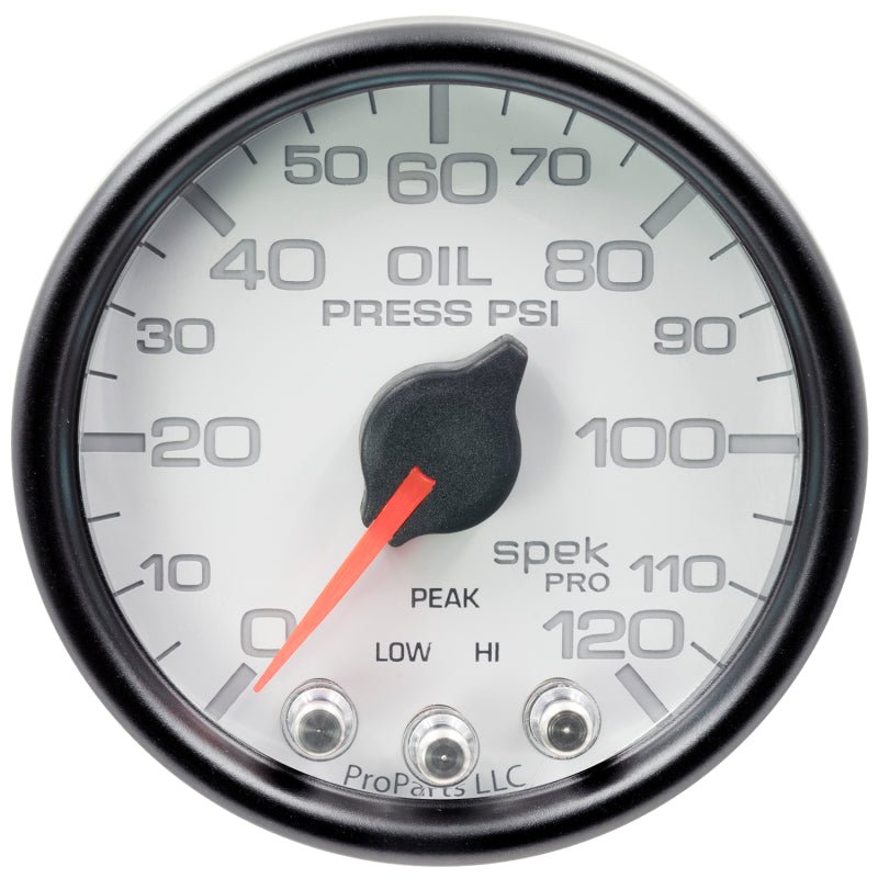 Autometer Spek-Pro Gauge Oil Press 2 1/16in 120psi Stepper Motor W/Peak & Warn Wht/Blk AutoMeter Gauges