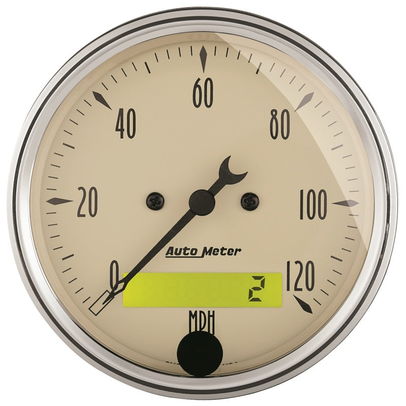 AutoMeter Gauge Speedo. 3-1/8in. 120MPH Elec. Prog. W/ Lcd Odo Antq Beige AutoMeter Gauges