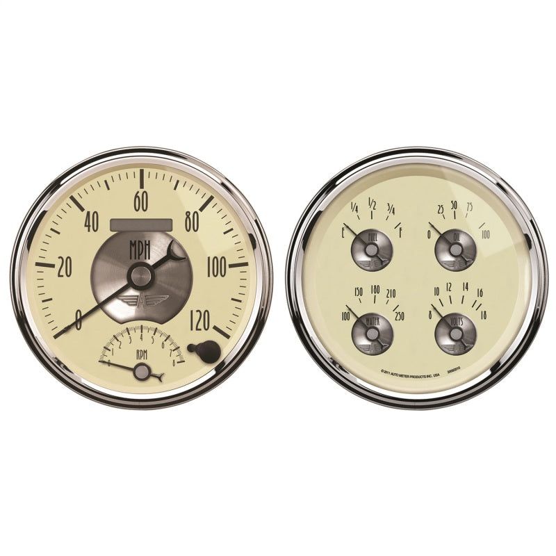 AutoMeter Gauge Kit 2 Pc. Quad & Tach/Speedo 5in. Prestige Antq. Ivory AutoMeter Gauges