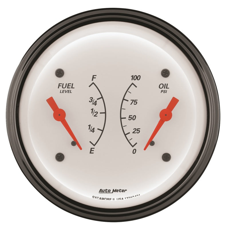 AutoMeter Gauge Dual Fuel & Oilp 3-3/8in. 240 Ohm(e) to 33 Ohm(f) & 100PSI Elec Arctic White AutoMeter Gauges