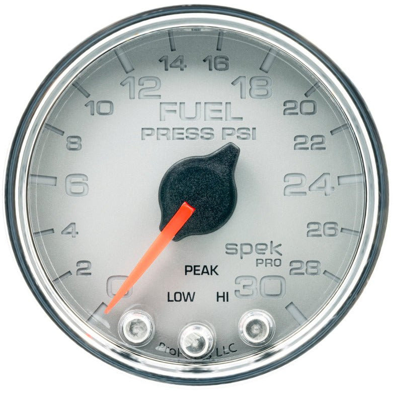 Autometer Spek-Pro Gauge Fuel Press 2 1/16in 30psi Stepper Motor W/Peak & Warn Slvr/Chrm AutoMeter Gauges