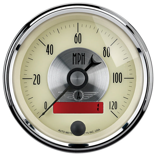 AutoMeter Gauge Speedo 3-3/8in. 120MPH Elec. Program W/Lcd Odo Prestige Antq. Ivory AutoMeter Gauges