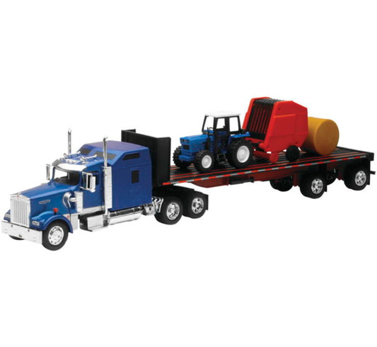 New Ray Toys Kenworth W900 with Flatbed, Tractor and Round Haybales/ Scale - 1:32