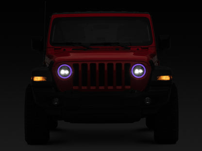 Raxiom 18-22 Jeep Wrangler JL/JT Axial 9-Inch LED Headlights w/RGB Halo- Blk Housing (Clear Lens)