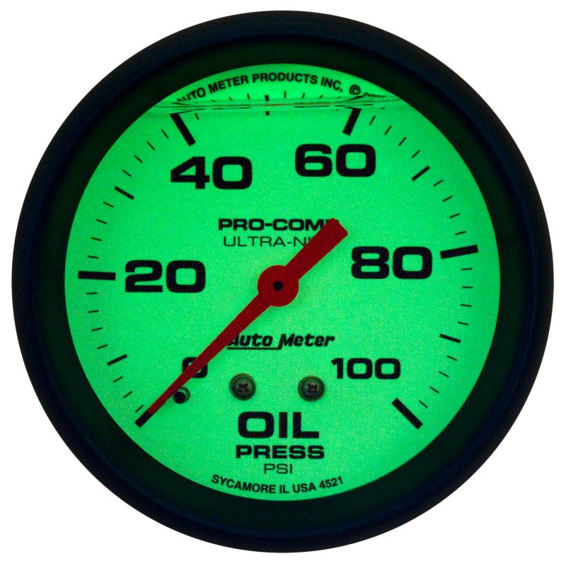 Autometer Ultra-Nite 2-5/8in 0-100 PSI Liquid Filled Mechanical Glow In Dark Oil Pressure Gauge AutoMeter Gauges