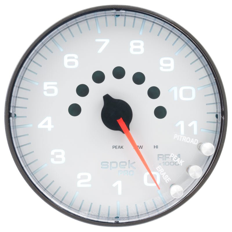 Autometer Spek-Pro Gauge Tachometer 5in 11K Rpm W/Shift Light & Peak Mem White/Black AutoMeter Gauges