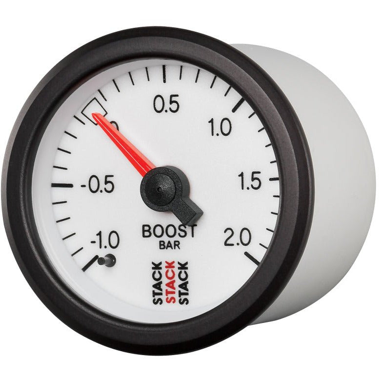 Autometer Stack 52mm -1 to +2 Bar T-Fitting 0.187in Barb (M) Mechanical Boost Pressure Gauge - White AutoMeter Gauges