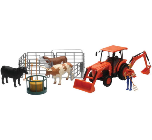 New Ray Toys Kubota Tractor with Figurine, Animals and Fence/ Scale - 1:18
