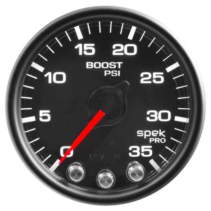 Autometer Spek-Pro Gauge Boost 2 1/16in 35psi Stepper Motor W/Peak & Warn Black/Black AutoMeter Gauges