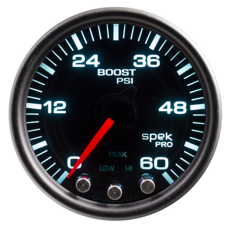 Autometer Spek-Pro Gauge Boost 2 1/16in 60psi Stepper Motor W/Peak & Warn Blk/Smoke/Black AutoMeter Gauges