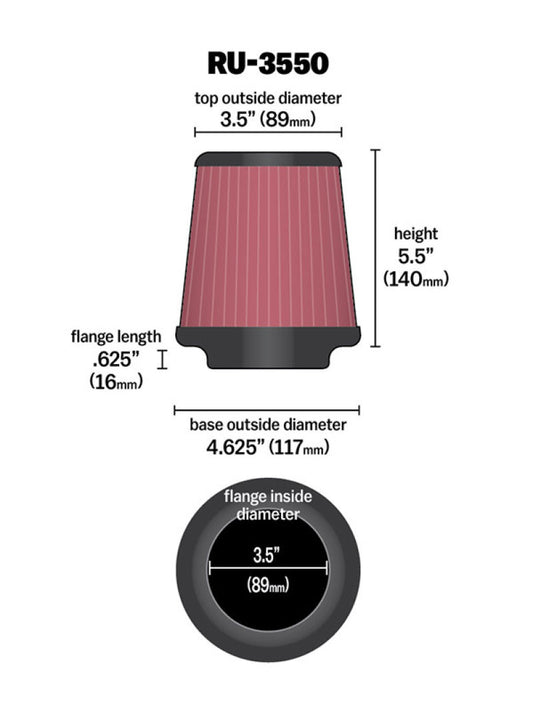 K&N Universal Rubber Filter 3 1/2 inch FLG / 4 5/8 inch Base / 3-1/2 inch Top / 5 1/2 inch Height