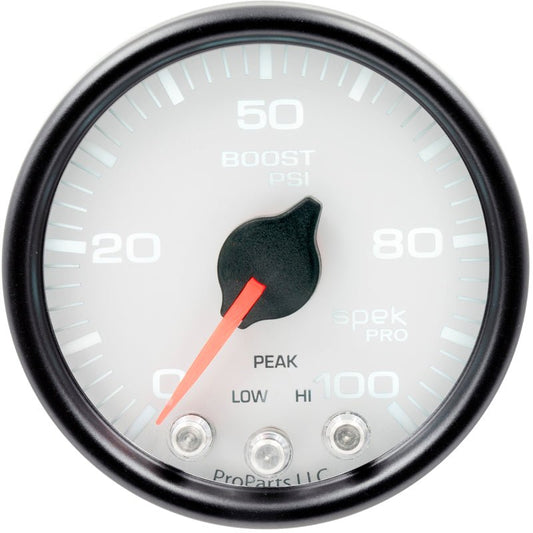 Autometer Spek-Pro Gauge Boost 2 1/16in 100psi Stepper Motor W/Peak & Warn Wht/Blk AutoMeter Gauges