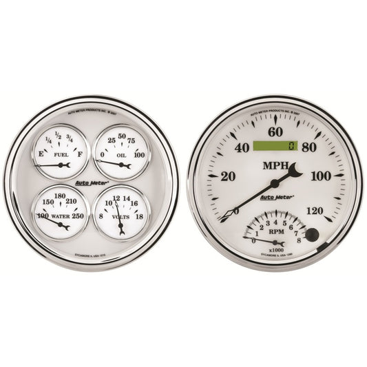 AutoMeter Gauge Kit 2 Pc. Quad & Tach/Speedo 5in. Old Tyme White II AutoMeter Gauges