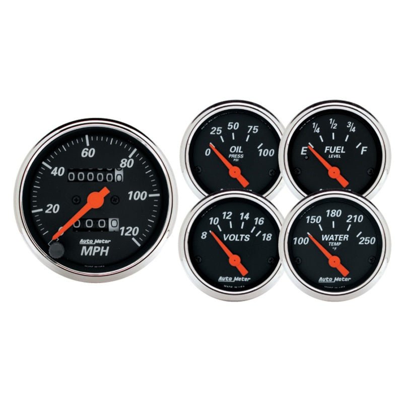 Autometer Designer Black 5pc 100-250deg Temp / 8-18V Volt / 120mph Speed / 100psi Oil / E-F Fuel AutoMeter Gauges