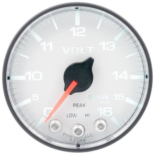 Autometer Spek-Pro Gauge Voltmeter 2 1/16in 16V Stepper Motor W/Peak & Warn Wht/Blk AutoMeter Gauges