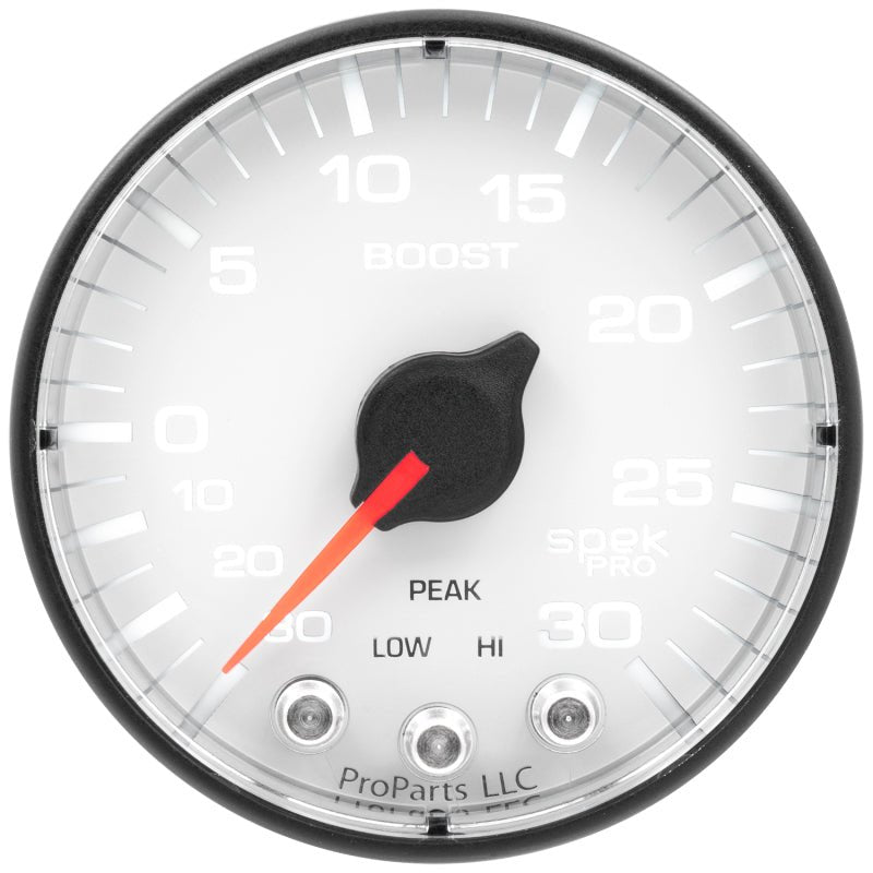 Autometer Spek-Pro Gauge Vac/Boost 2 1/16in 30Inhg-30psi Stepper Motor W/Peak & Warn White/Black AutoMeter Gauges