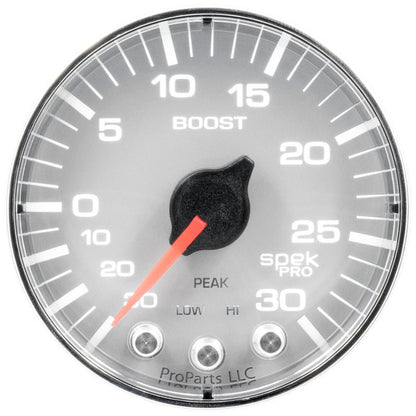 Autometer Spek-Pro Gauge Vac/Boost 2 1/16in 30Inhg-30psi Stepper Motor W/Peak & WarnSilver/Chrome AutoMeter Gauges