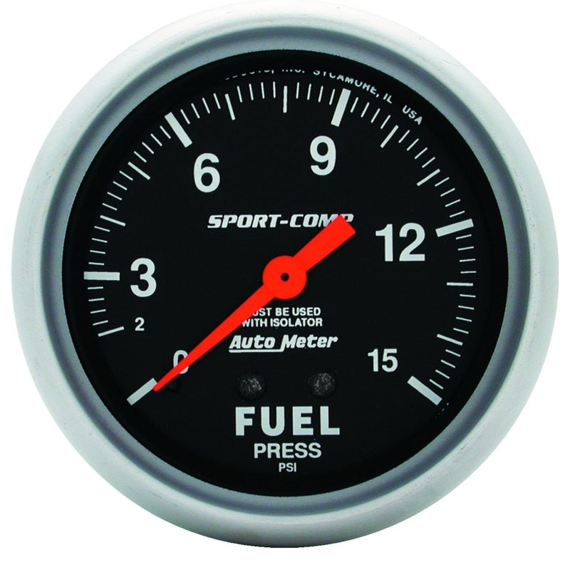 AutoMeter Gauge Fuel Pressure 2-5/8in. 15PSI Mechanical W/Isolator Sport-Comp AutoMeter Gauges