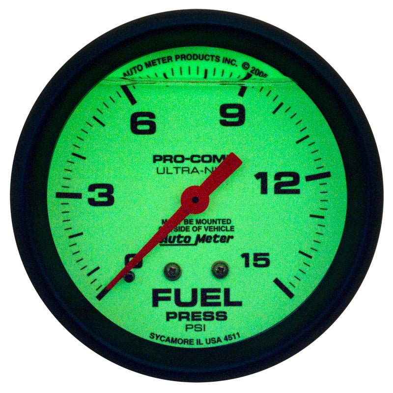 Autometer Ultra-Nite 2-5/8in 15psi Mechanical Glow In The Dark Fuel Pressure Gauge AutoMeter Gauges