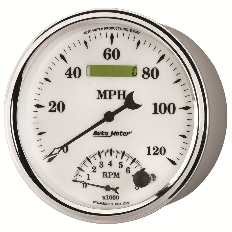 AutoMeter Gauge Tach/Speedo 5in. 120MPH & 8K RPM Elec. Program Old Tyme White II AutoMeter Gauges