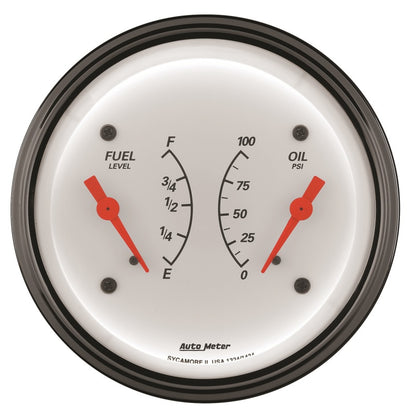 AutoMeter Gauge Dual Fuel & Oilp 3-3/8in. 0 Ohm(e) to 90 Ohm(f)& 100PSI Elec Arctic White AutoMeter Gauges