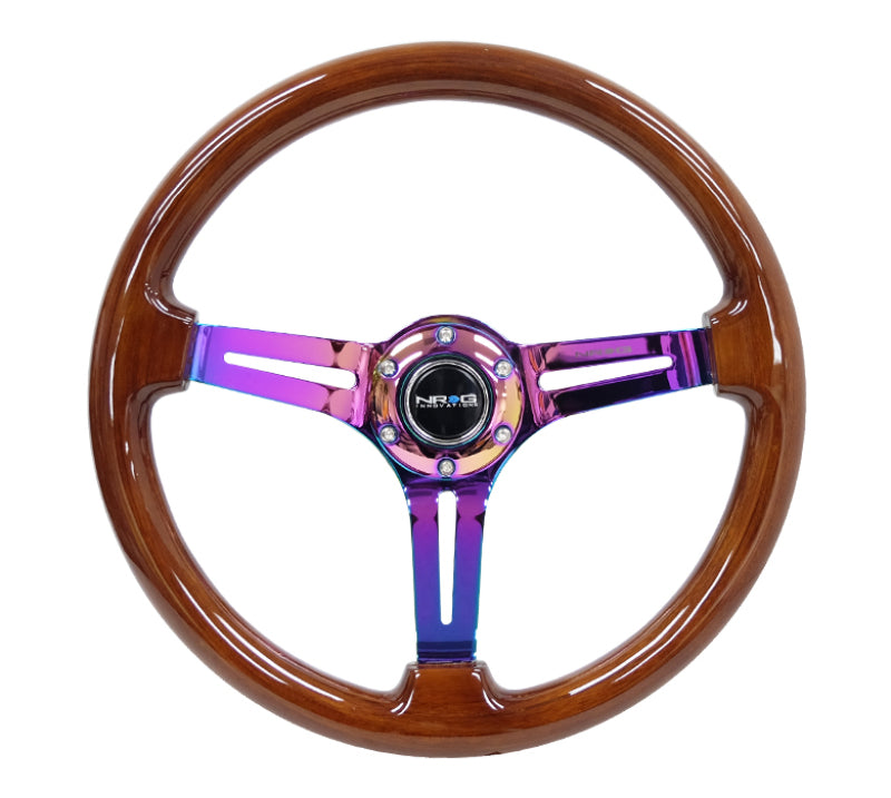 NRG Reinforced Steering Wheel (350mm / 3in. Deep) Brown Wood w/Blk Matte Spoke/Neochrome Center Mark