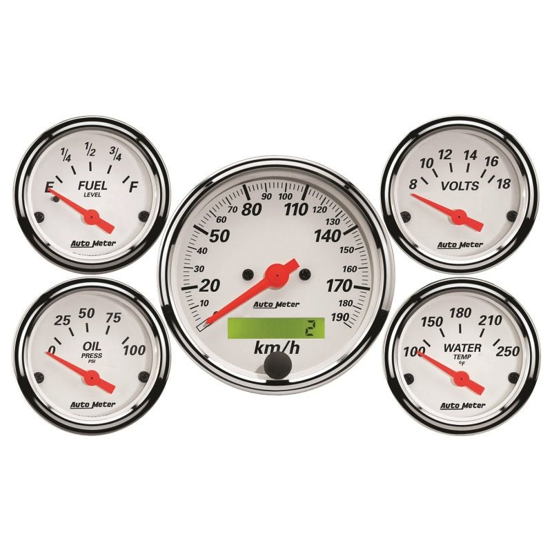 Autometer Arctic White 5 Pc Kit Box w/ Elec KMH Speedo, Elec Oil Press, Water Temp, Volt, Fuel Level AutoMeter Gauges