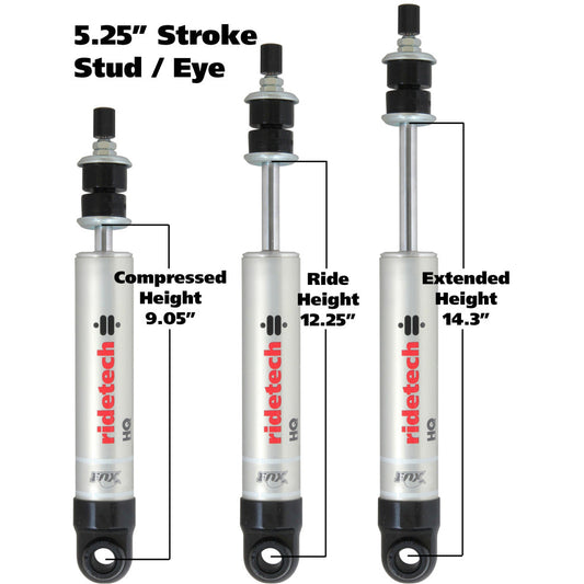 Ridetech HQ Series Shock Absorber Single Adjustable 5.25in Stroke Eye/Stud Mounting 9.05in x 14.3in Ridetech Shocks and Struts