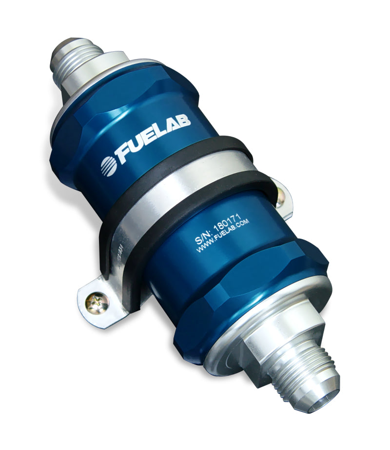 Fuelab 818 In-Line Fuel Filter Standard -8AN In/Out 100 Micron Stainless - Blue