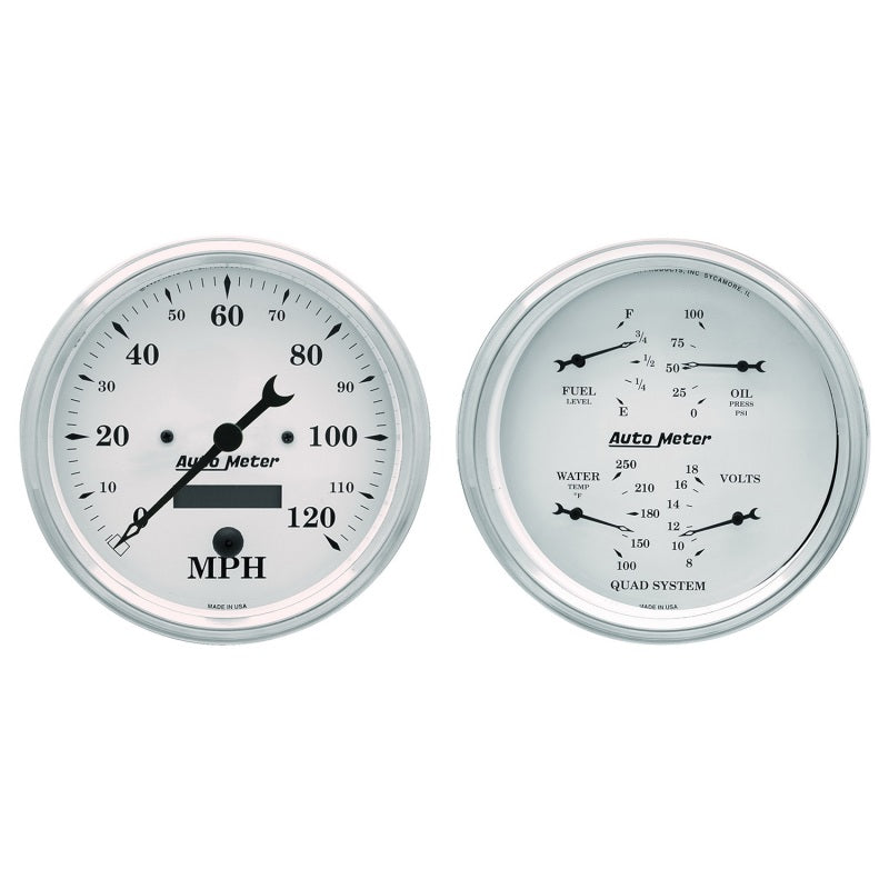 AutoMeter Gauge Kit 2 Pc. Quad & Speedometer 5in. Old Tyme White AutoMeter Gauges