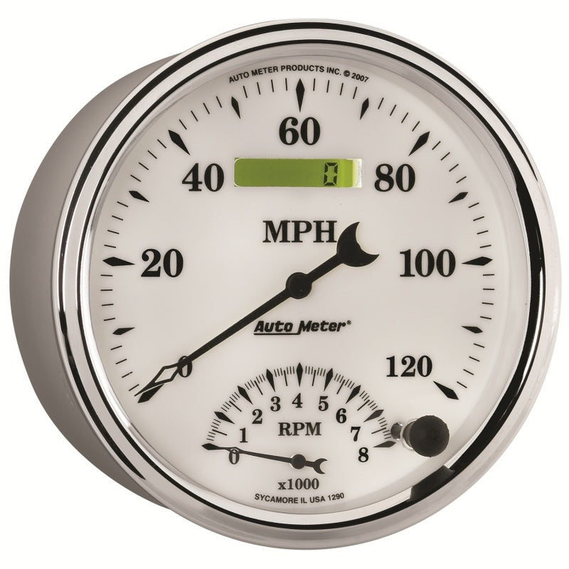 AutoMeter Gauge Tach/Speedo 5in. 120MPH & 8K RPM Elec. Program Old Tyme White II AutoMeter Gauges