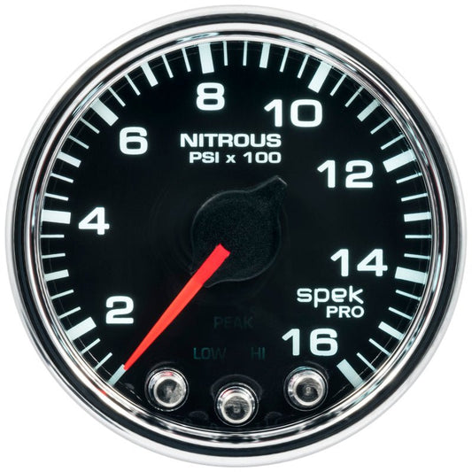 Autometer Spek-Pro Gauge Nitrous Press 2 1/16in 1600psi Stepper Motor W/Peak & Warn Blk/Chrm AutoMeter Gauges